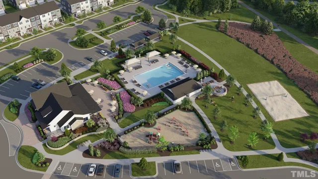 an aerial view of a house with a garden