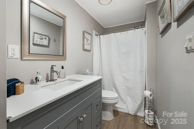 a bathroom with a granite countertop sink toilet and a mirror