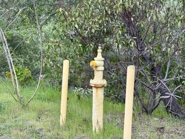 a view of a dry yard with mountains in the background
