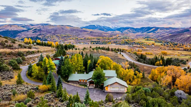 an aerial view of residential houses with outdoor space and trees