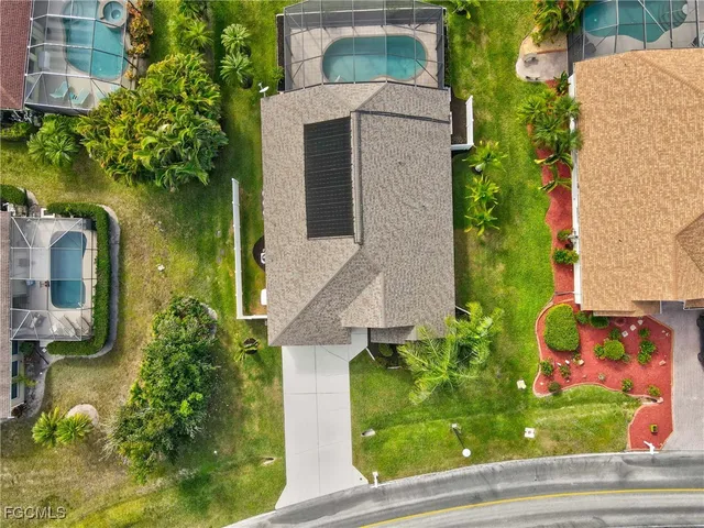 an aerial view of a swimming pool