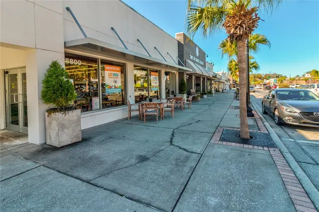 a view of a patio with table and chairs potted plants and palm trees