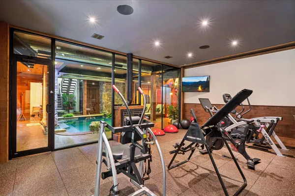 a view of a room with gym equipment