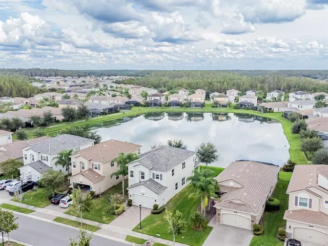 an aerial view of a house with a yard and potted plants