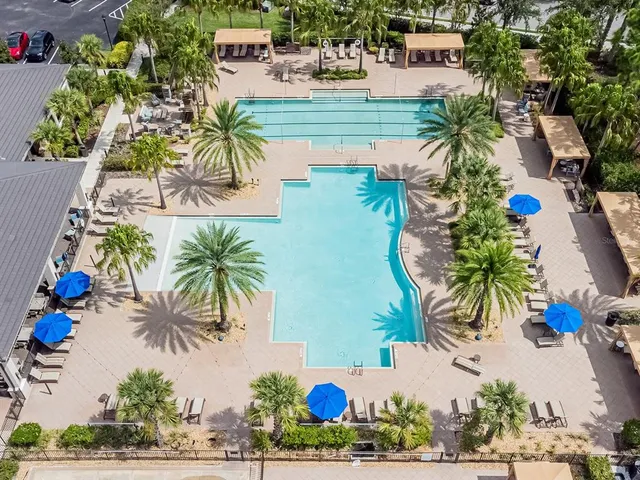 a view of a swimming pool and a outdoor space