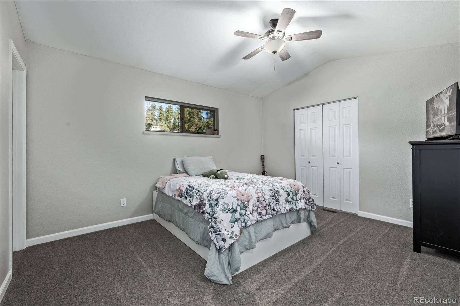 20 Parkview Bailey, CO 80421 - Photo 21 of 50 a spacious bedroom with a bed and a chandelier