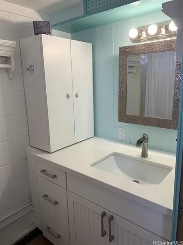 a bathroom with a sink and a mirror