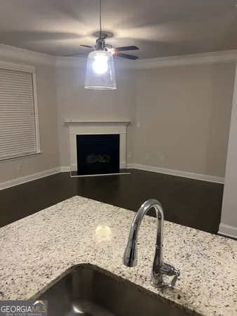 a close view of dining table with fireplace