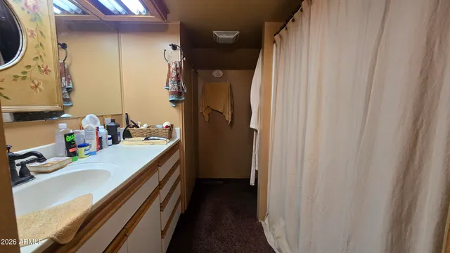 a bathroom with a sink and a mirror