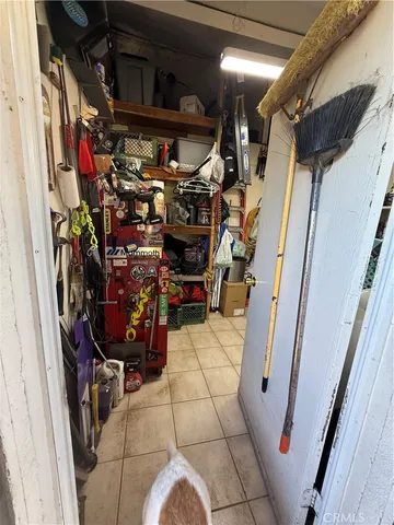 a view of a storage room with gym equipment