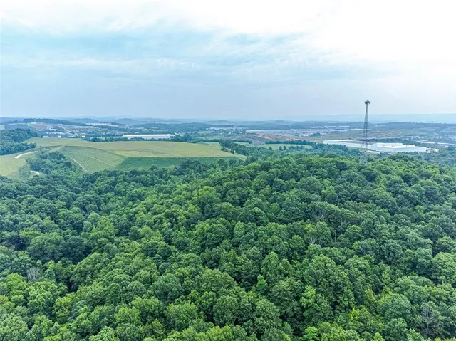 an aerial view of a city with lots of green space