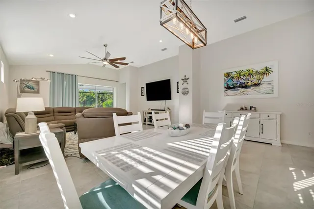 a view of a dining room with furniture window and outside view