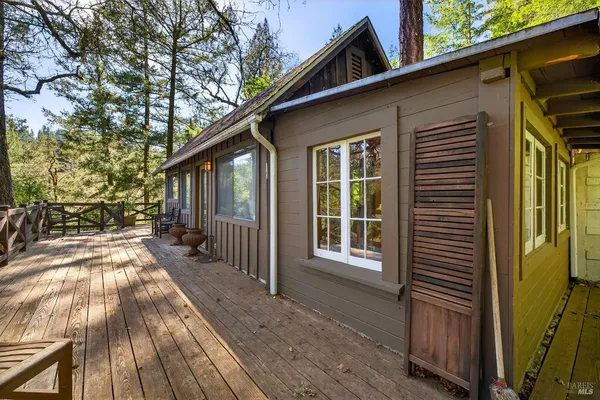 a view of backyard with large trees and wooden fence