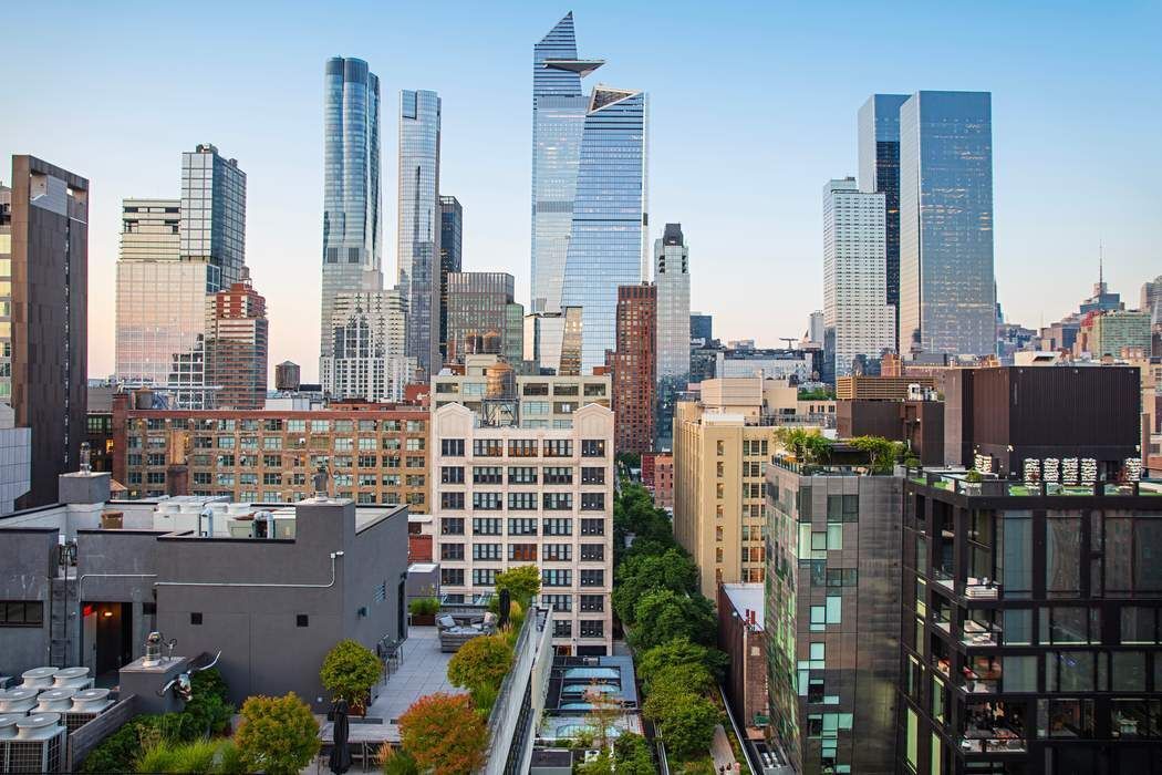 a city view with tall buildings