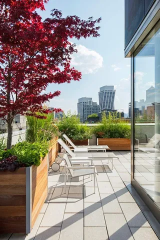 a view of a terrace with wooden floor and a bench