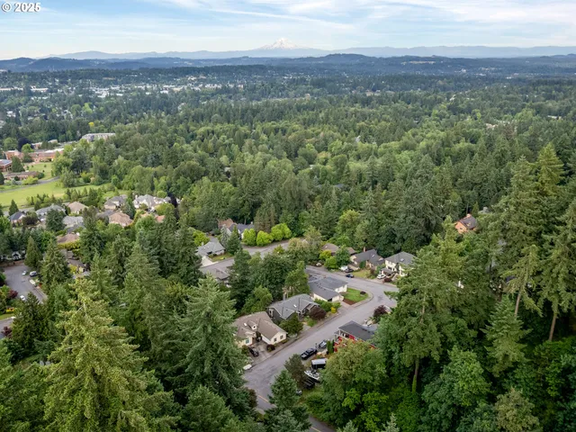 an aerial view of a city with lots of residential buildings and mountain view in back