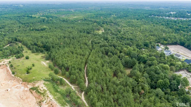 an aerial view of residential houses with outdoor space and trees