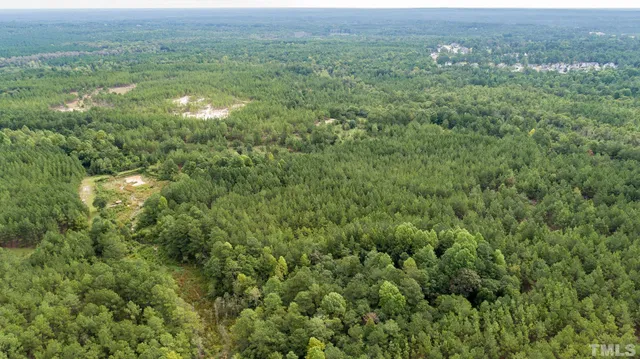 an aerial view of residential houses with outdoor space and trees