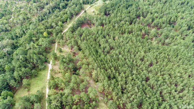 an aerial view of residential houses with outdoor space and trees