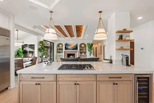 a terrace with outdoor seating and city view