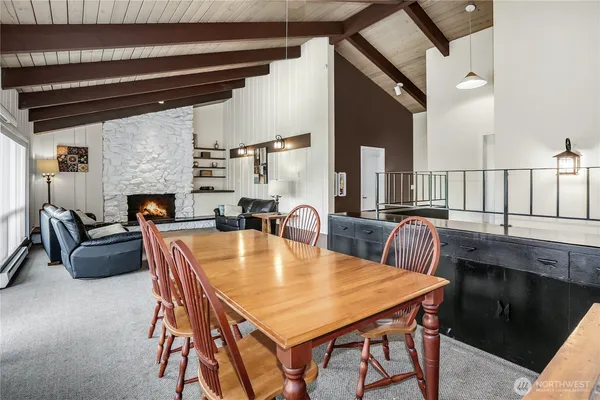 a view of a dining room with furniture