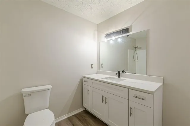 a bathroom with a toilet sink vanity and mirror