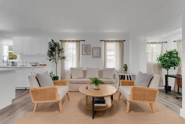 a living room with furniture and a potted plant