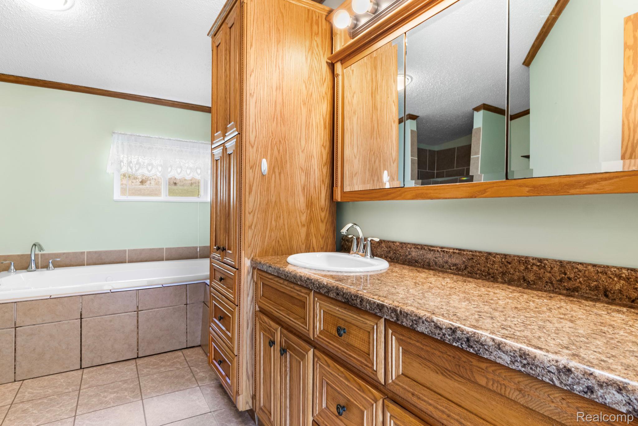 4884 Griffin Road Lewiston, MI 49756 - Photo 19 of 41 Vanity with wood-finish cabinetry, integrated sink, and a speckled countertop