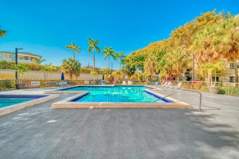 a view of a park with large trees