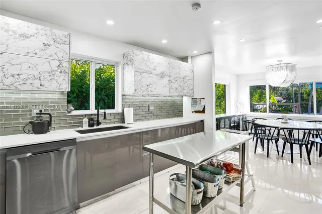 a kitchen with stainless steel appliances granite countertop a stove a sink a microwave dining table and chairs