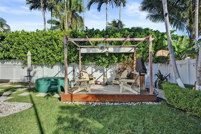 a view of a backyard with a patio and a garden