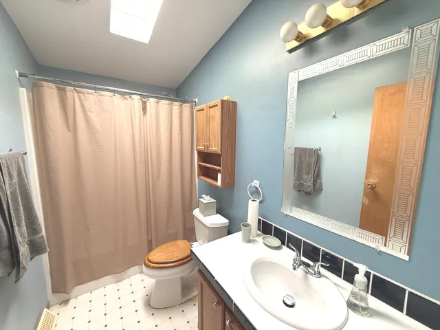 a bathroom with a sink a toilet and shower curtain