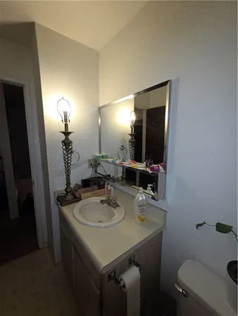 a bathroom with a sink toilet and mirror