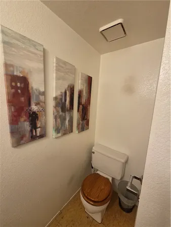 a bathroom with a toilet and a shower curtain