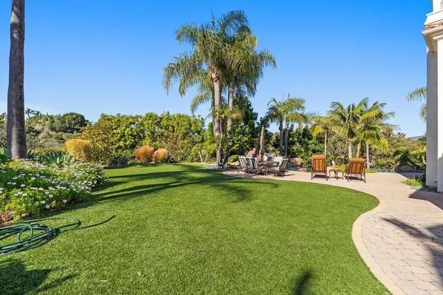 a view of a swimming pool with a garden and a tree
