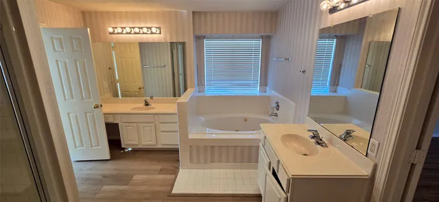 a bathroom with a sink a bathtub and a mirror
