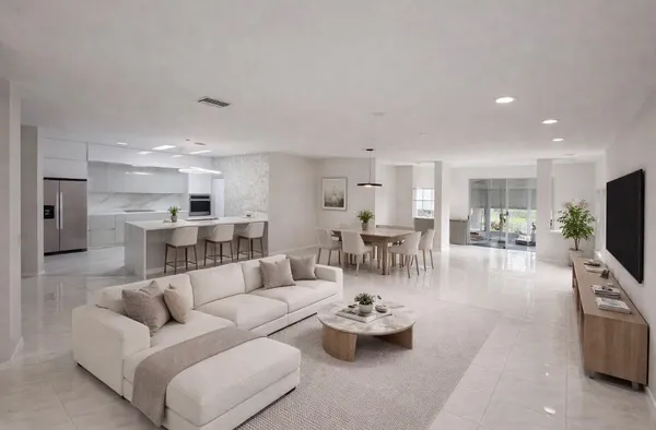 a living room with furniture kitchen view and a flat screen tv