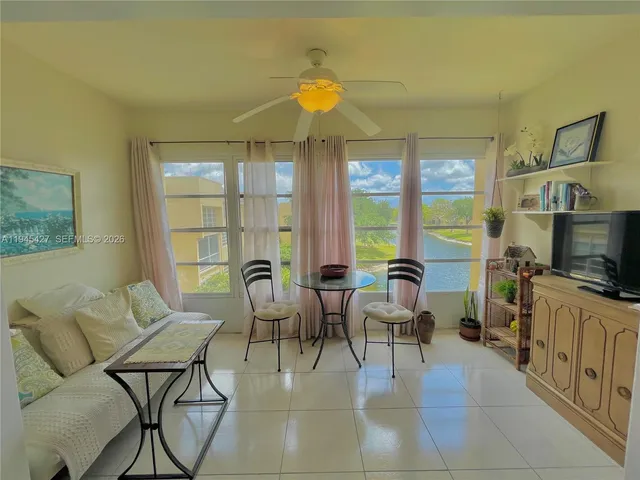 a view of a dining room with furniture window and outside view