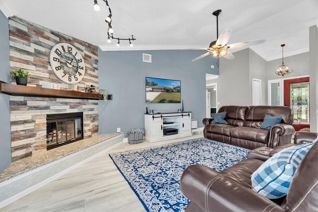 1170 Falcon Ridge Lane Palm Harbor, FL 34683 - Photo 5 of 35 a living room with furniture and a fireplace