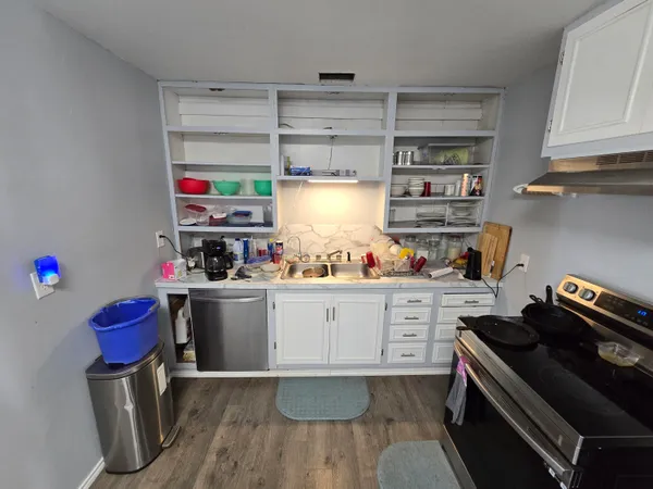 a view of a backyard with large trees