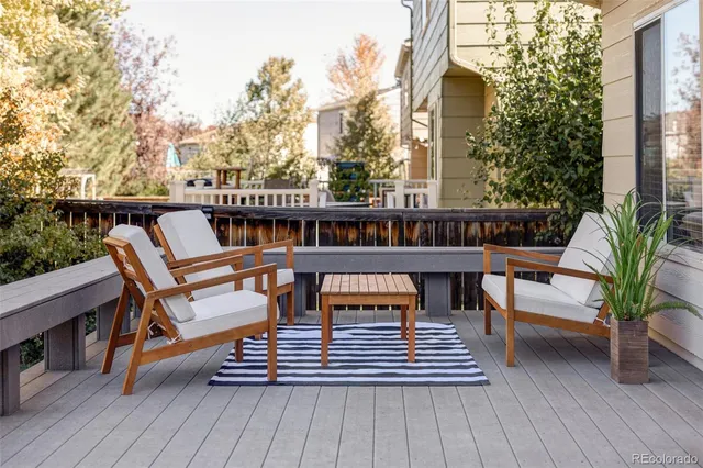 a view of a roof deck with wooden benches and a couch