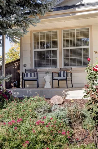 a garden view with a seating space