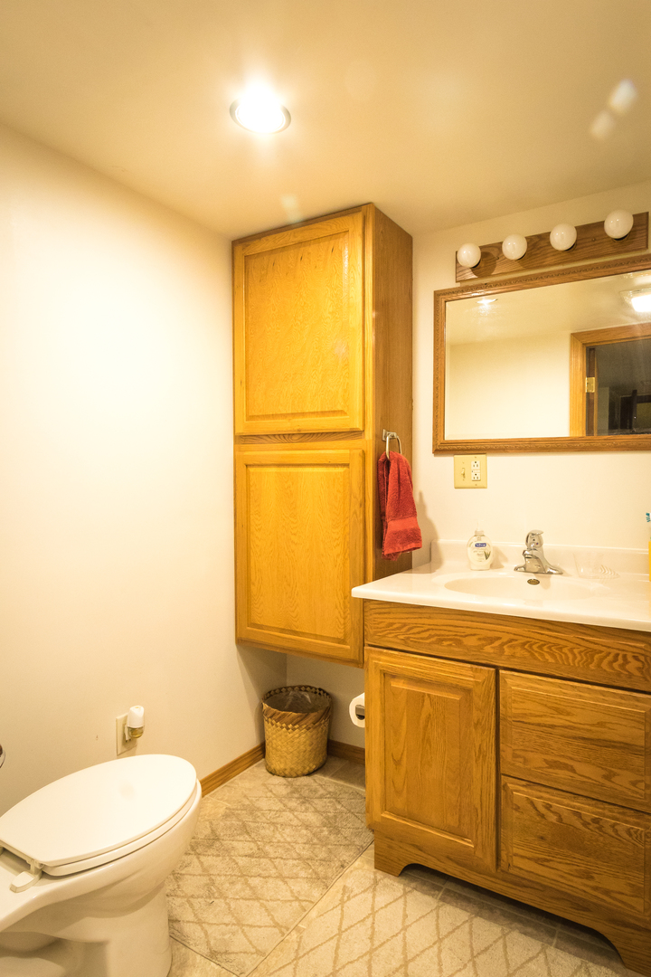 5899 West Clare Road Clare, IL 60111 - Photo 27 of 32 a bathroom with a granite countertop sink toilet and mirror