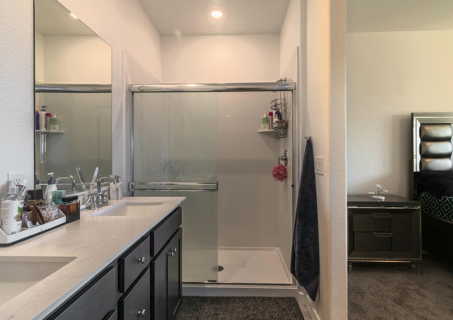 12868 Spotted Wren Circle Rancho Cordova, CA 95742 - Photo 15 of 46 a bathroom with a sink a mirror and a shower