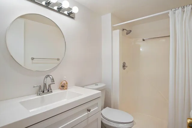 a bathroom with a sink toilet a mirror and shower