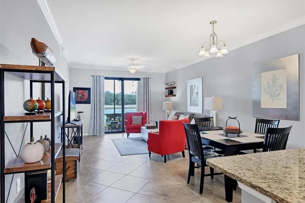 a view of a dining room with furniture