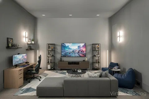 a bedroom with a bed and a couch