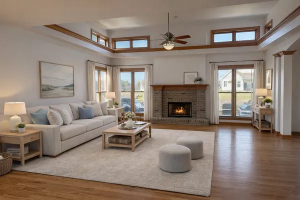 a living room with furniture and a fireplace