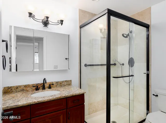 a bathroom with a granite countertop sink mirror and shower
