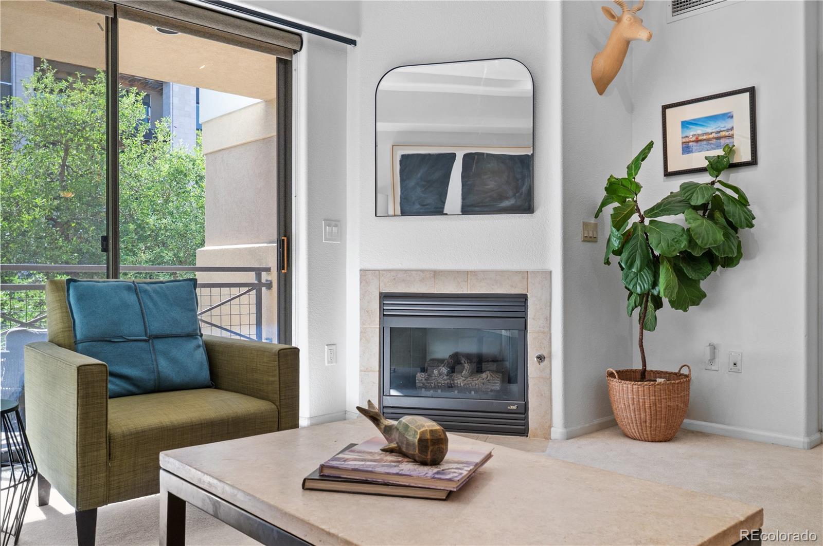 180 Cook Street, Unit 203 Denver, CO 80206 - Photo 17 of 44 a living room with furniture a potted plant and a fireplace